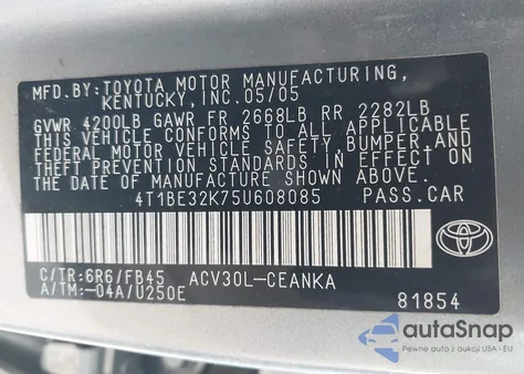 2005 Toyota Camry from USA, damaged, VIN 4T1DE32K75U608085